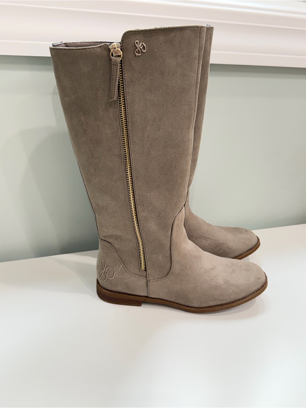 Sam Edelman Womens 5 Taupe Riding Boots Side Zip Low Heel Equestrian Shoes